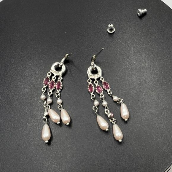 Monet Pink Pave Rhinestone Faux Teardrop Pearls Dangle Chandelier Earrings - Picture 5 of 8